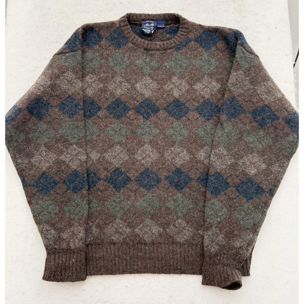 Vintage Allen Solly Sweater Brown Argyle Shetland Wool Mohair Scotland Men's M